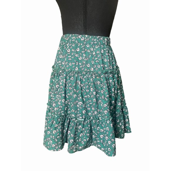 Green micro Floral A-Line Skirt - XS Boho tiered prairie cottage core elastic - Picture 2 of 5